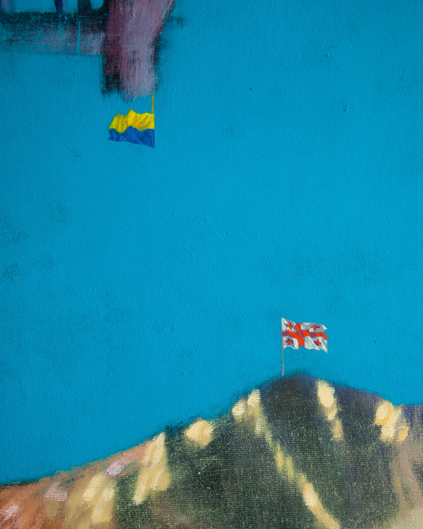 The dream of a Georgian volunteer during the siege of Azovstal -The dream of a Georgian volunteer after returning to the homeland. Oil on canvas.90 X 120 cm. 2026 George Gagoshidze