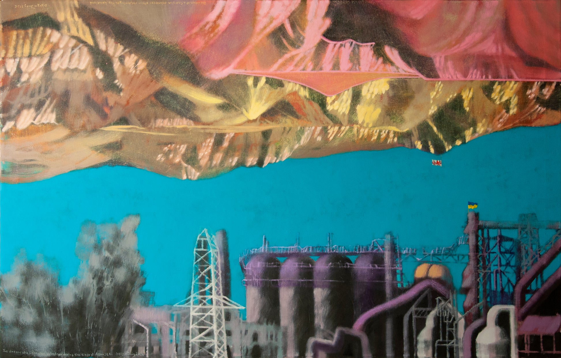 The dream of a Georgian volunteer during the siege of Azovstal -The dream of a Georgian volunteer after returning to the homeland.                     Oil on canvas.90 X 120 cm.        2026 George Gagoshidze