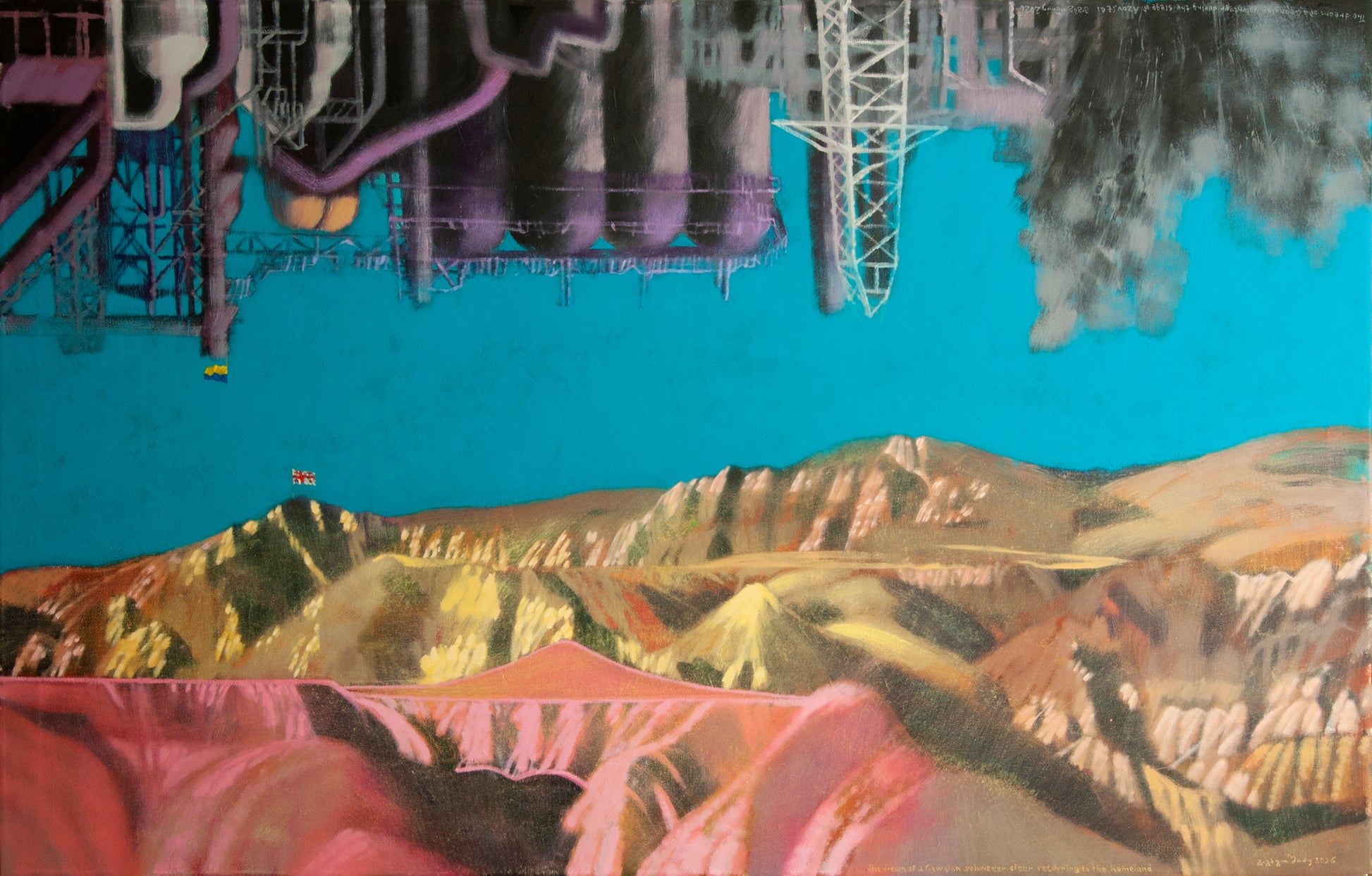 The dream of a Georgian volunteer during the siege of Azovstal -The dream of a Georgian volunteer after returning to the homeland.                     Oil on canvas.90 X 120 cm.        2026 George Gagoshidze