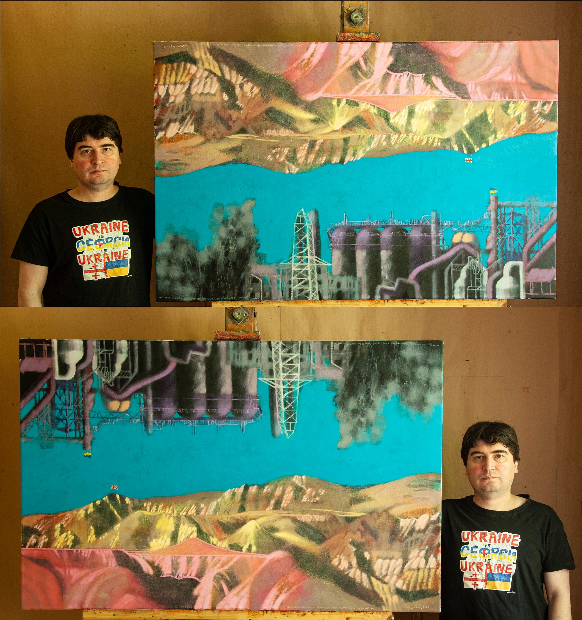 The dream of a Georgian volunteer during the siege of Azovstal -The dream of a Georgian volunteer after returning to the homeland.                     Oil on canvas.90 X 120 cm.        2026 George Gagoshidze